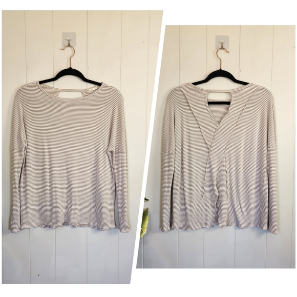 1.4.3 Story Beige Stripe Ribbed Long Sleeve Lagenlook Cut-Out Casual Minimalist - Picture 10 of 10